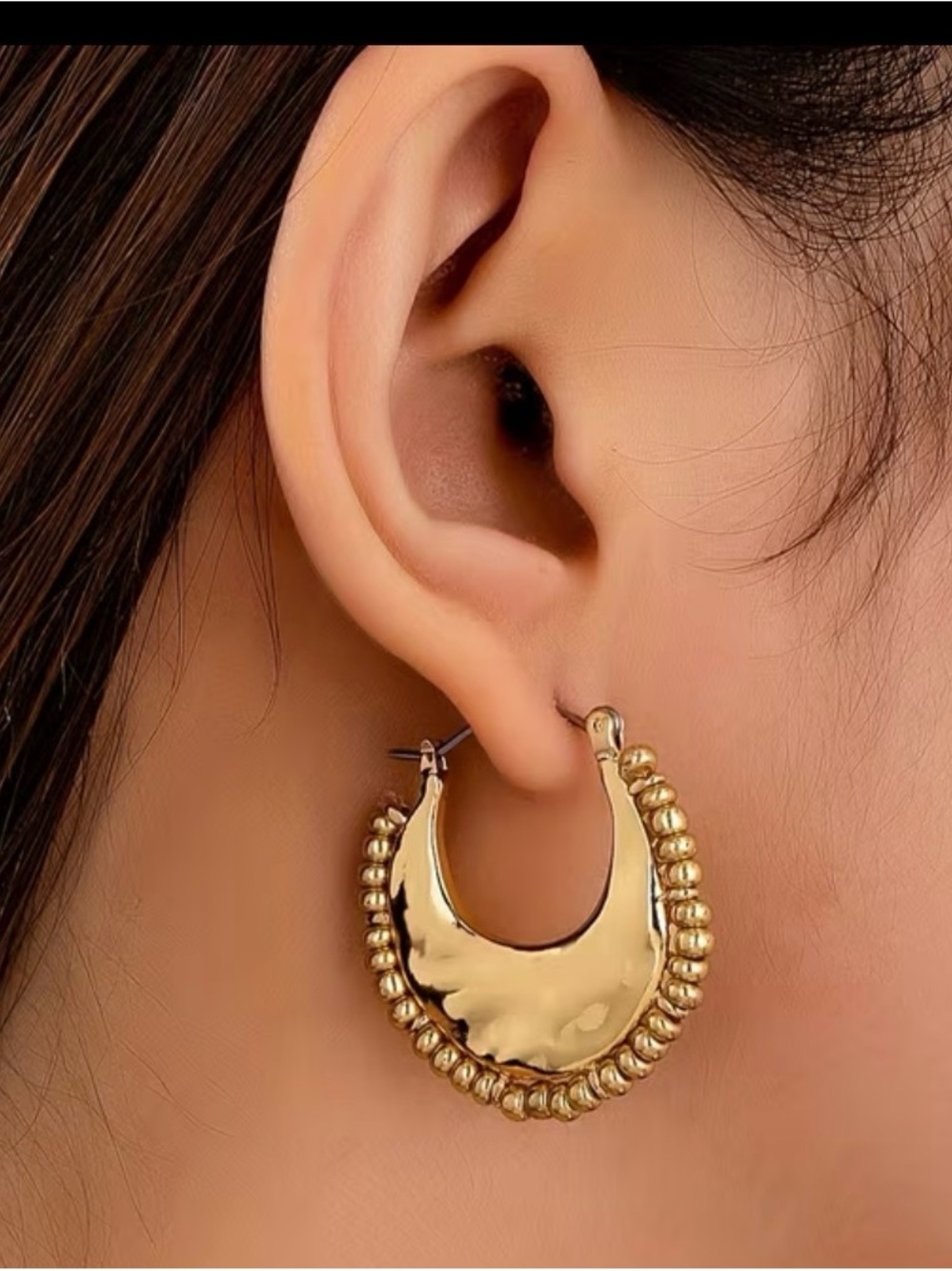 Gold Beaded Crescent Hoop Earrings — Women Jewelry - Picture 2 of 2